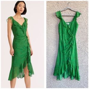 VERONICA BEARD Green Silk Floral Printed Ruffle Flounce Ruched Amal Midi Dress